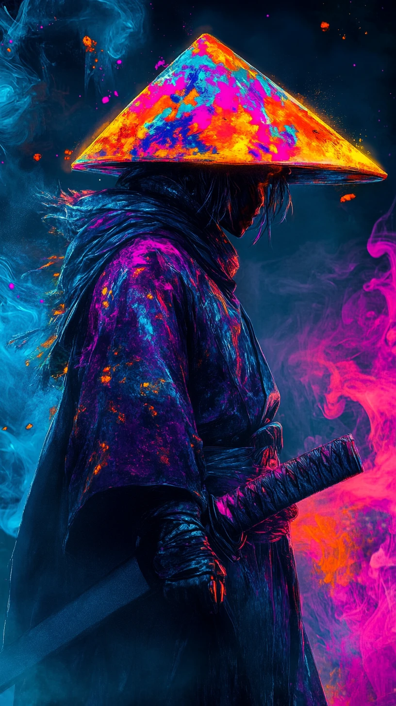 Neon cloaked samurai in swirling abstract mist