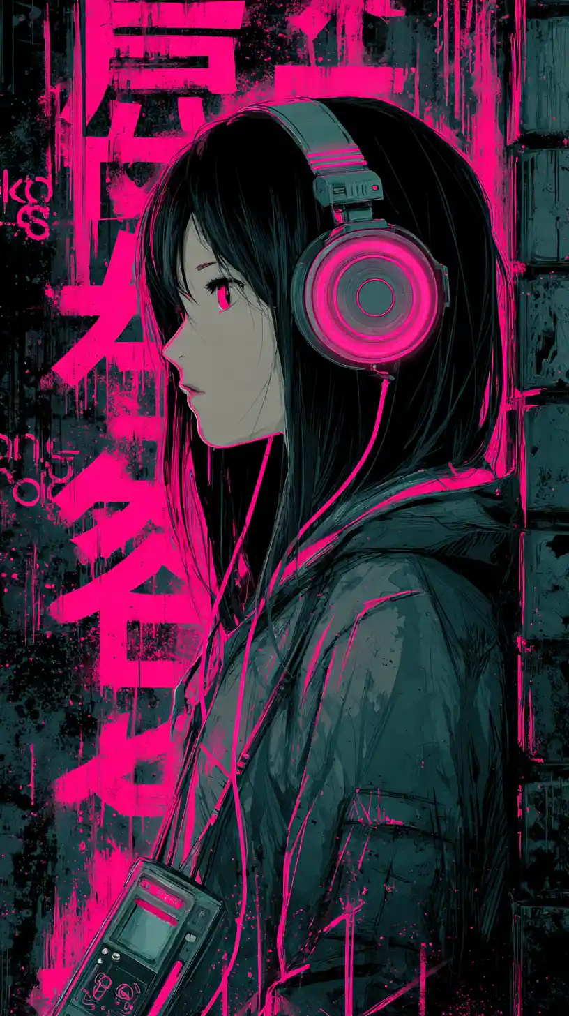 Anime girl in headphones against neon pink graffiti wall