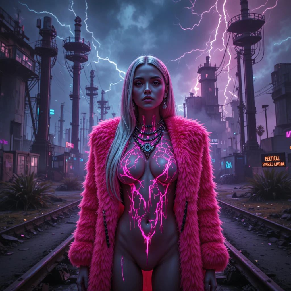 Cyberpunk woman in flooded tropical power station portrait