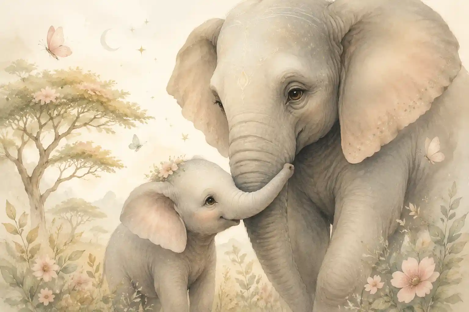 Baby Elephant Cuddling Beside Mother In Soft Nursery Art
