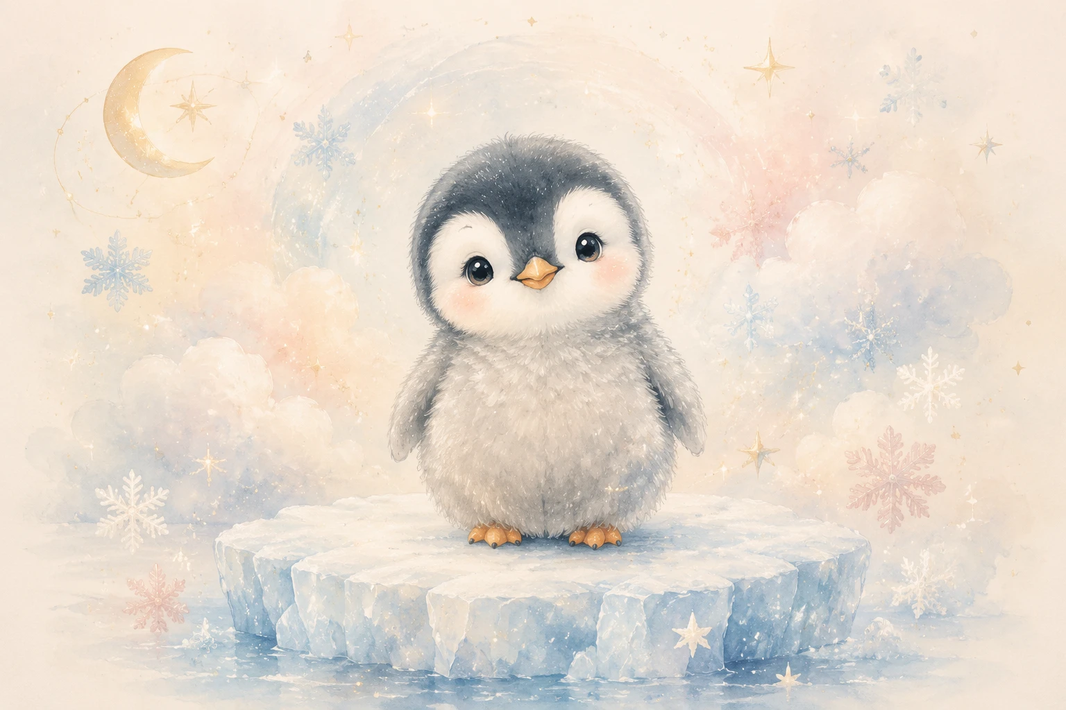Cute Baby Penguin Nursery Illustration On Soft Ice Floe