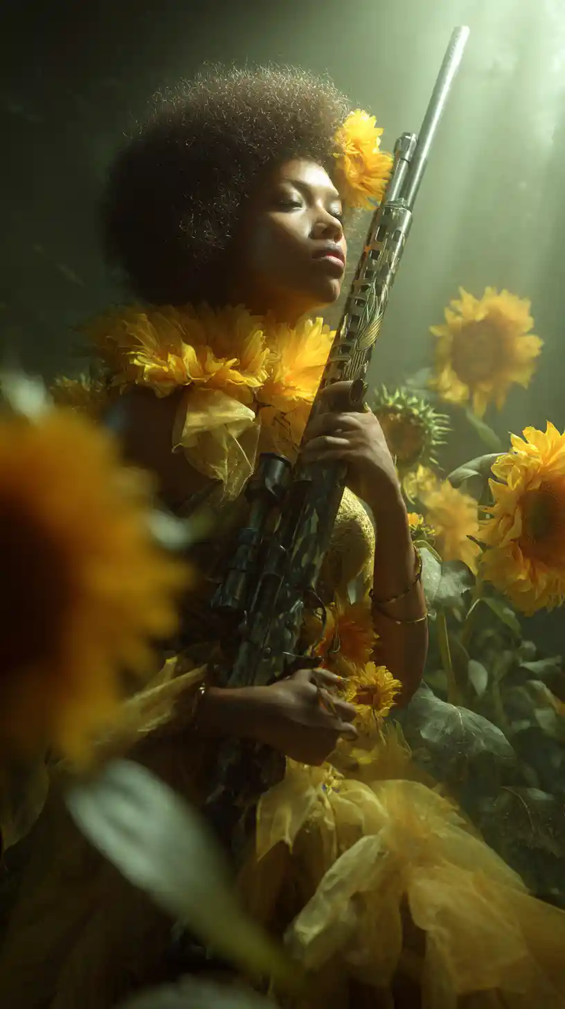 Afrofuturistic woman warrior with sunflower rifle in surreal nature