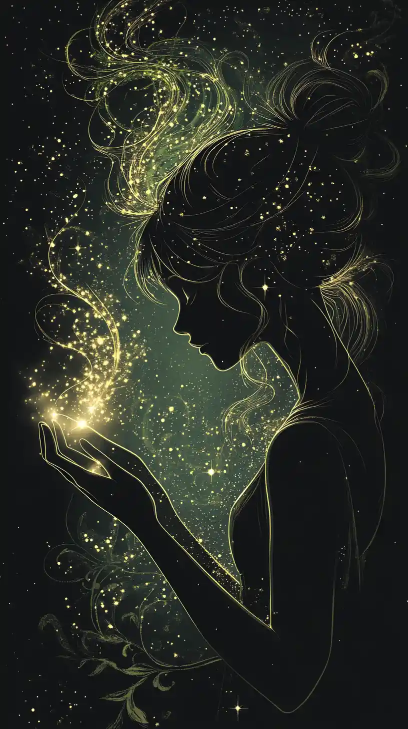 Glowing fairy silhouette girl holding drifting golden stardust