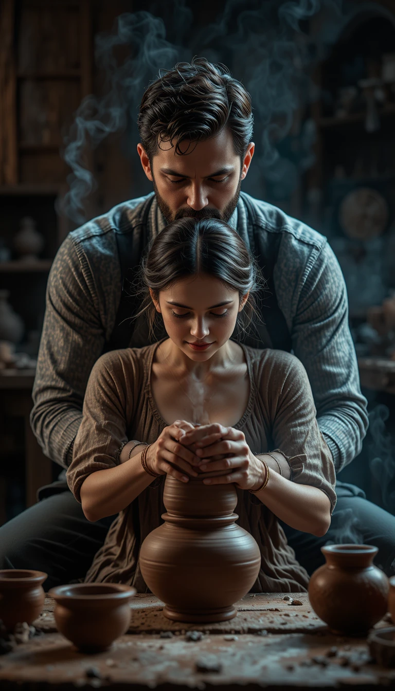 Couple shaping clay together at a pottery table in darkness