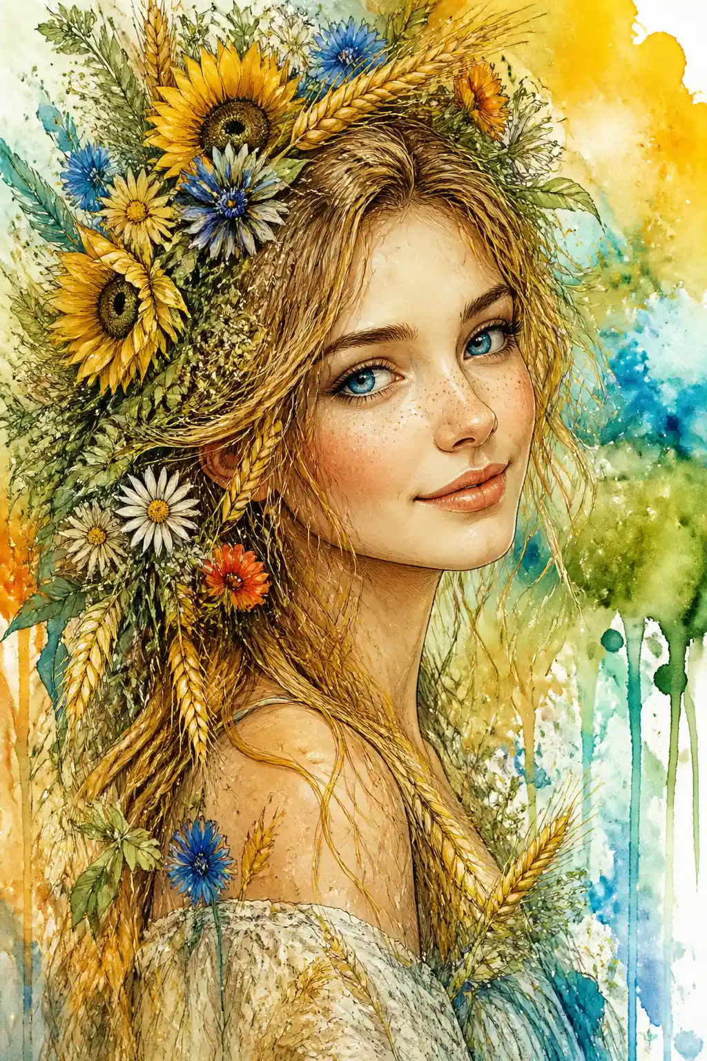 Colorful mixed media portrait of a serene summer woman