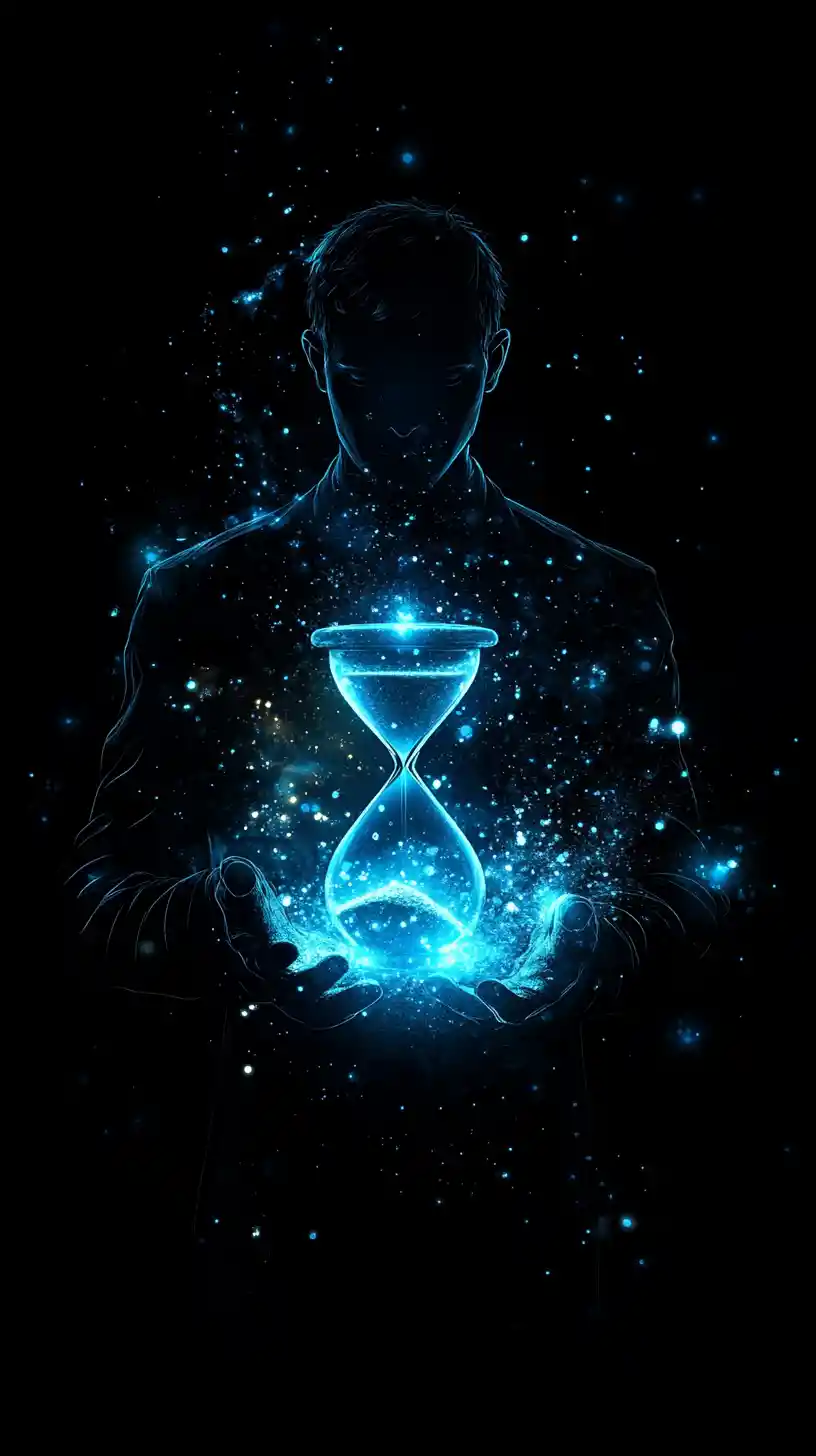 Glowing silhouette holding luminous hourglass of swirling light
