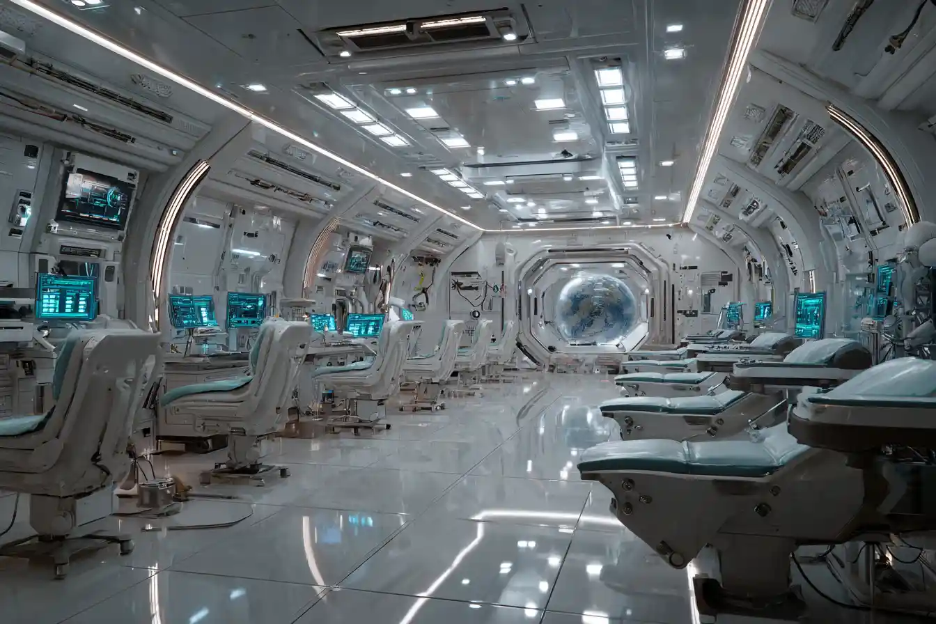 Futuristic space station gynecology lab with female scientists