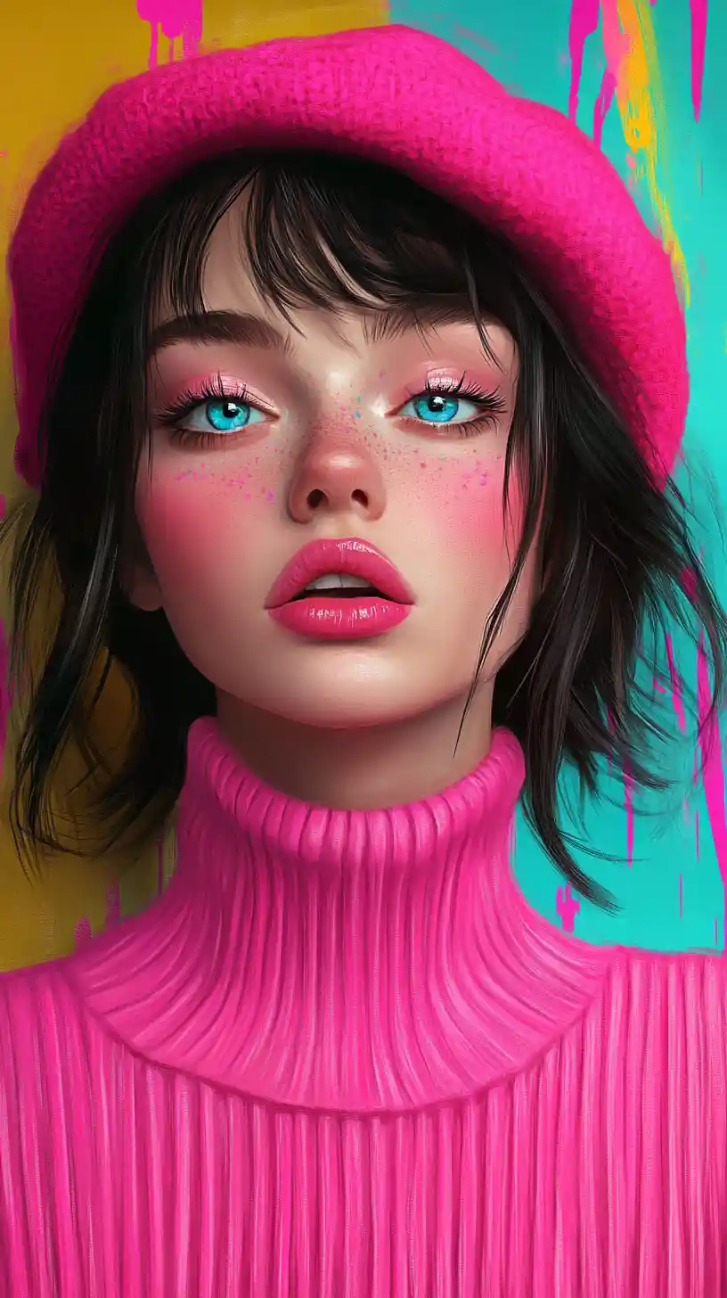 Pink beret girl close up in vibrant cartoon art