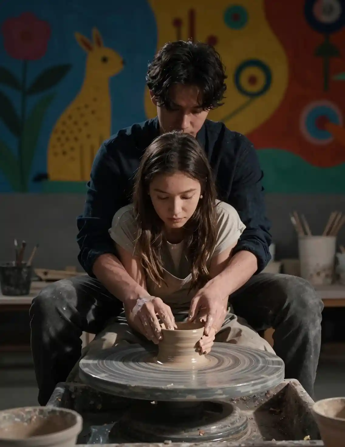 Intimate couple shaping pottery together in moody studio