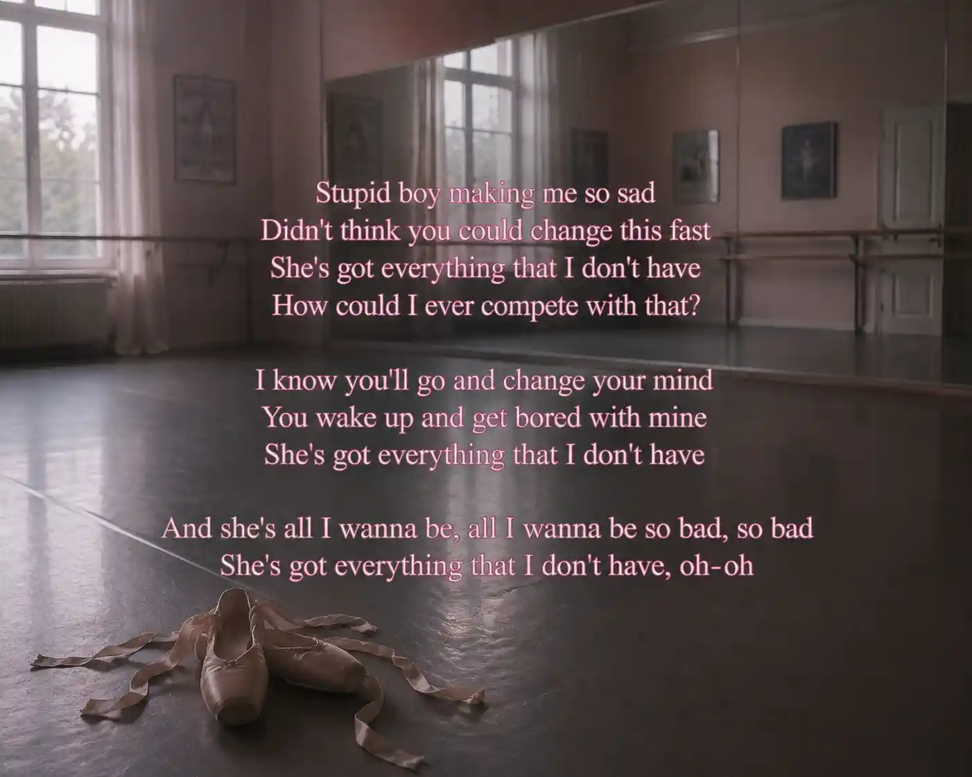 Ballet slippers on a dance studio floor with song lyrics