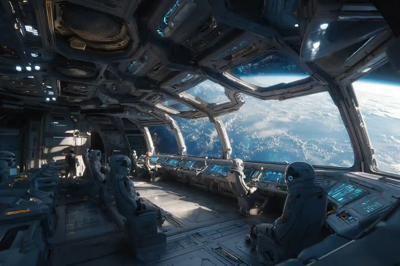 Female soldiers on a bright spaceship deck watching an alien world