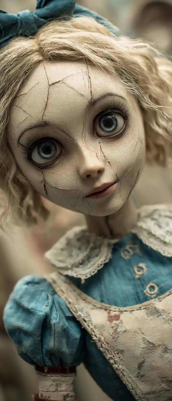 Broken porcelain doll woman towering in twisted wonderland