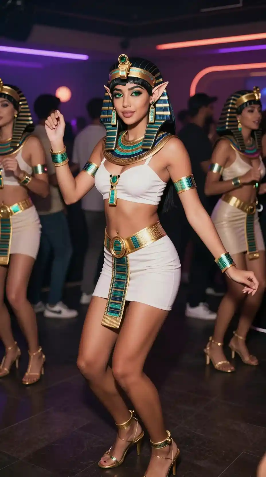 Elegant elf woman dancing in an Egyptian themed nightclub
