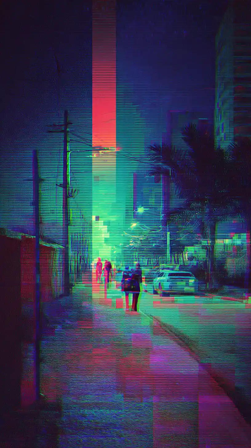 VHS style abstract scene with neon cyan and violet glow