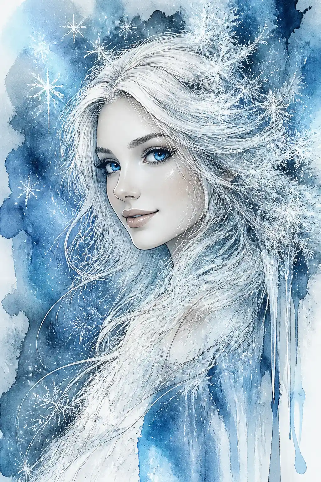Ethereal winter woman portrait in cool watercolor and ink