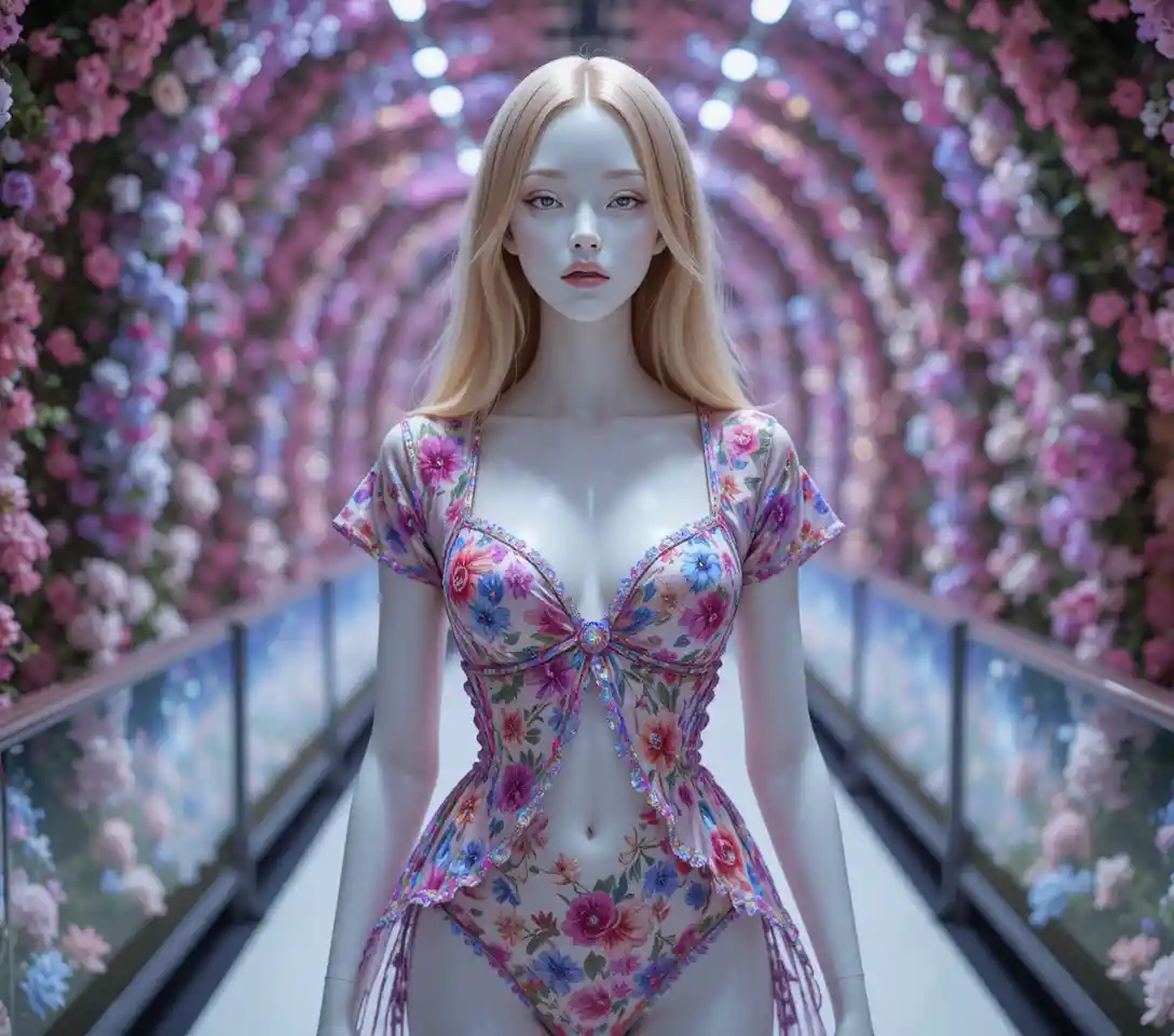 Blonde model in wild floral dress on vibrant runway