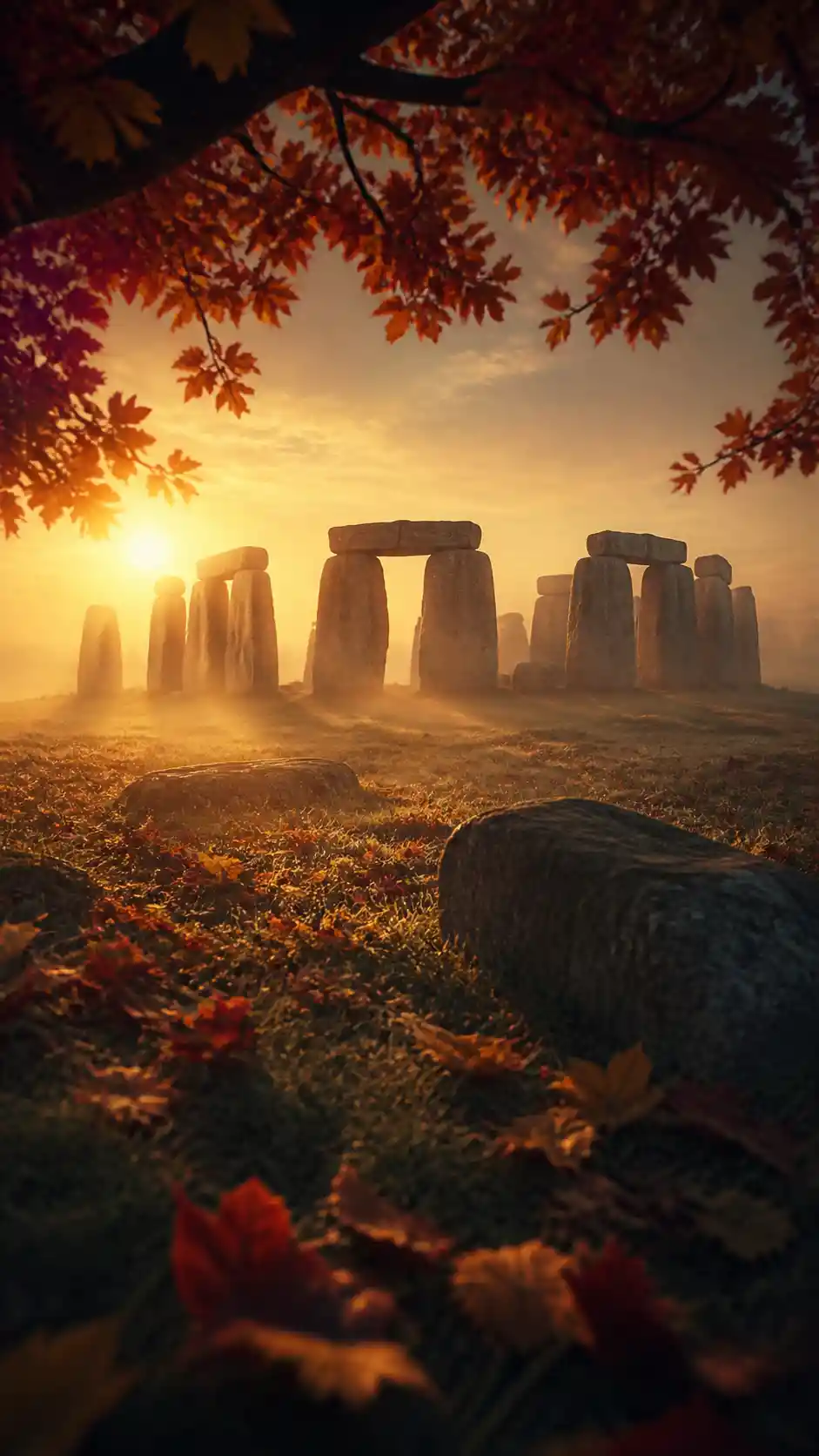 Surreal Stonehenge at sunrise in a misty autumn landscape