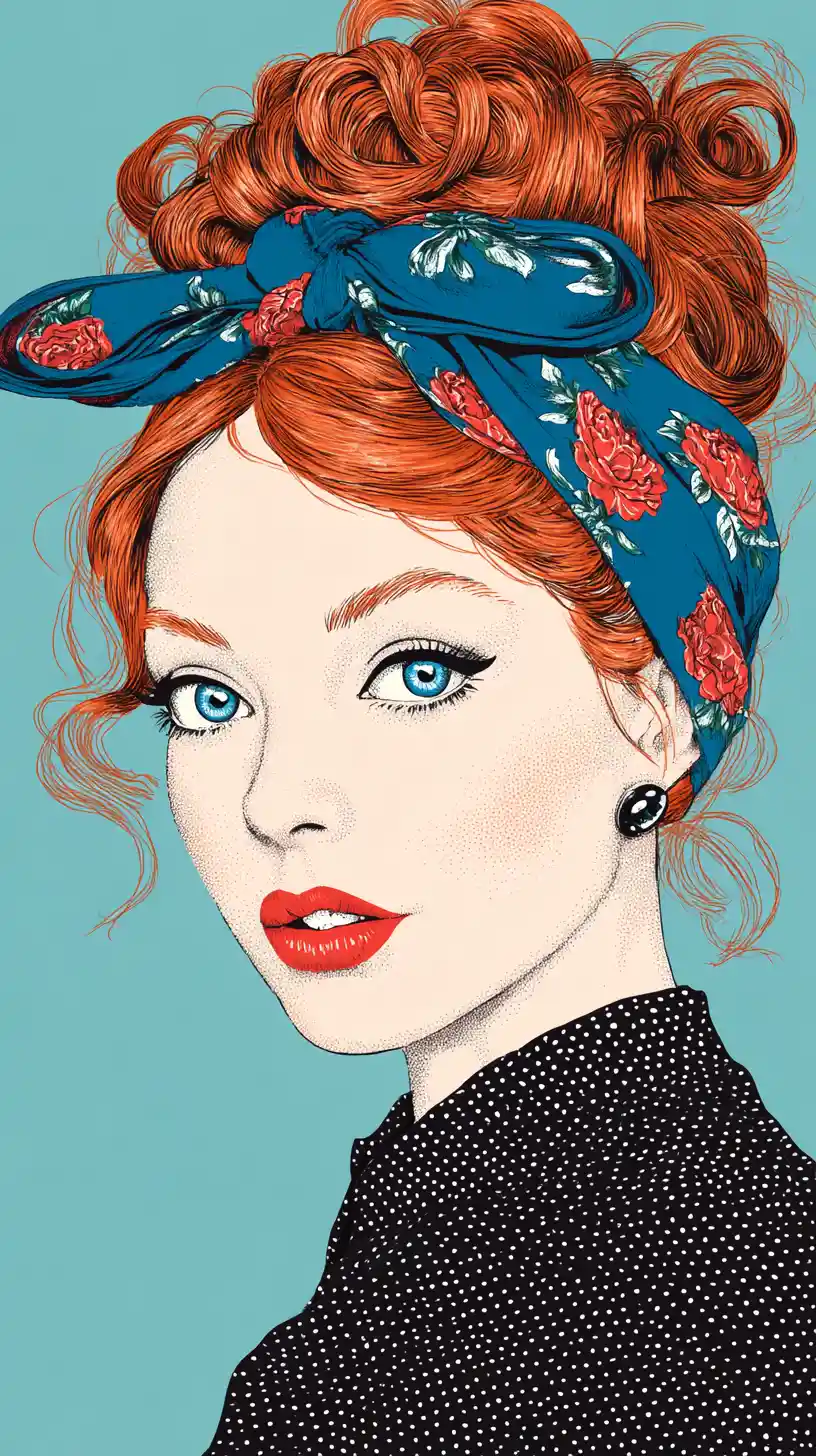 Red haired vintage woman portrait with blue floral scarf