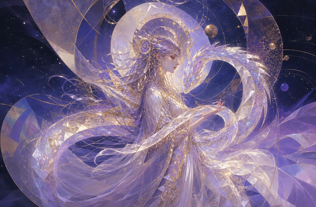 Abstract astral serpent with luminous veil weaver figure