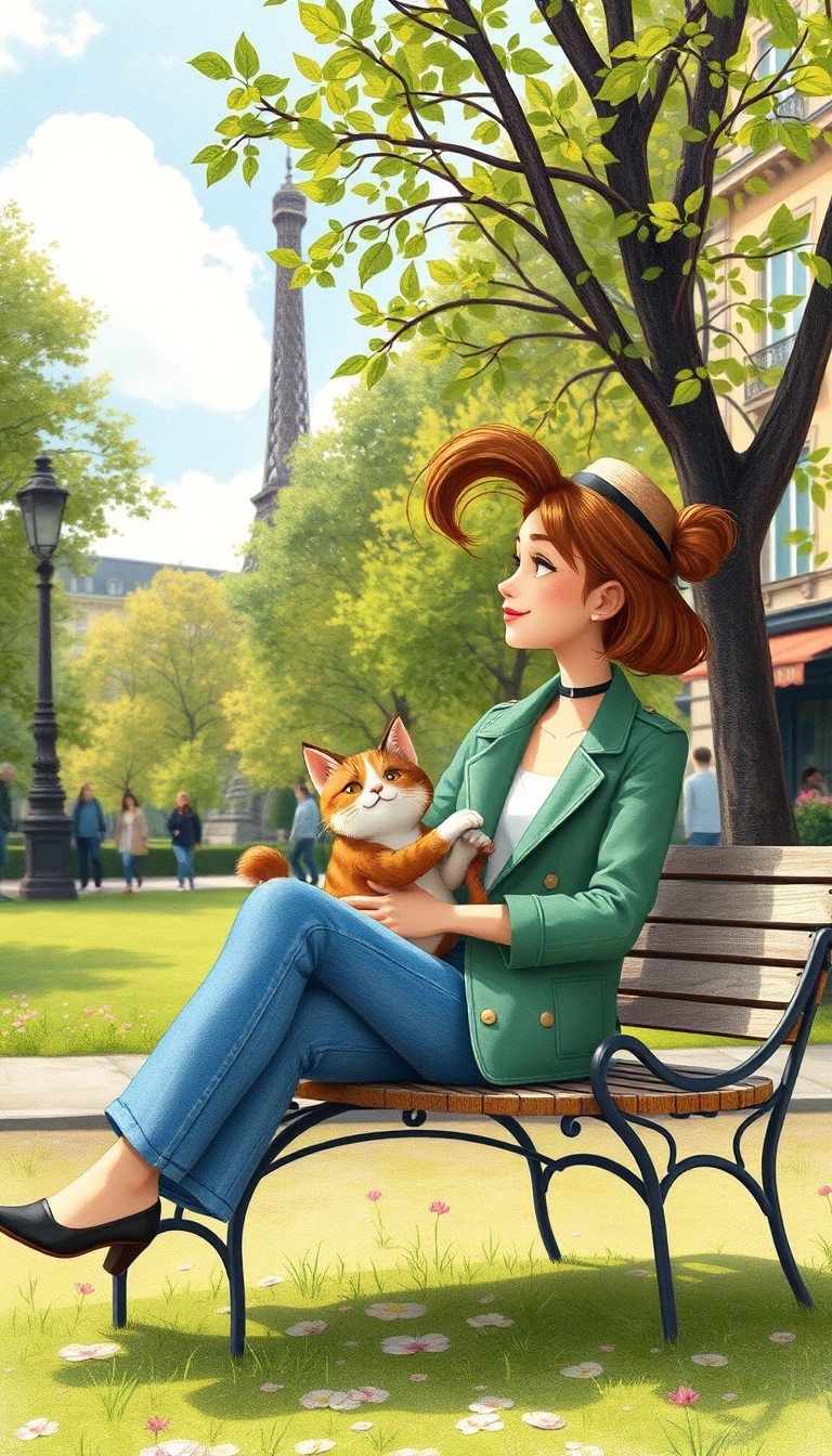 Girl walking her cat through a sunny Paris city park