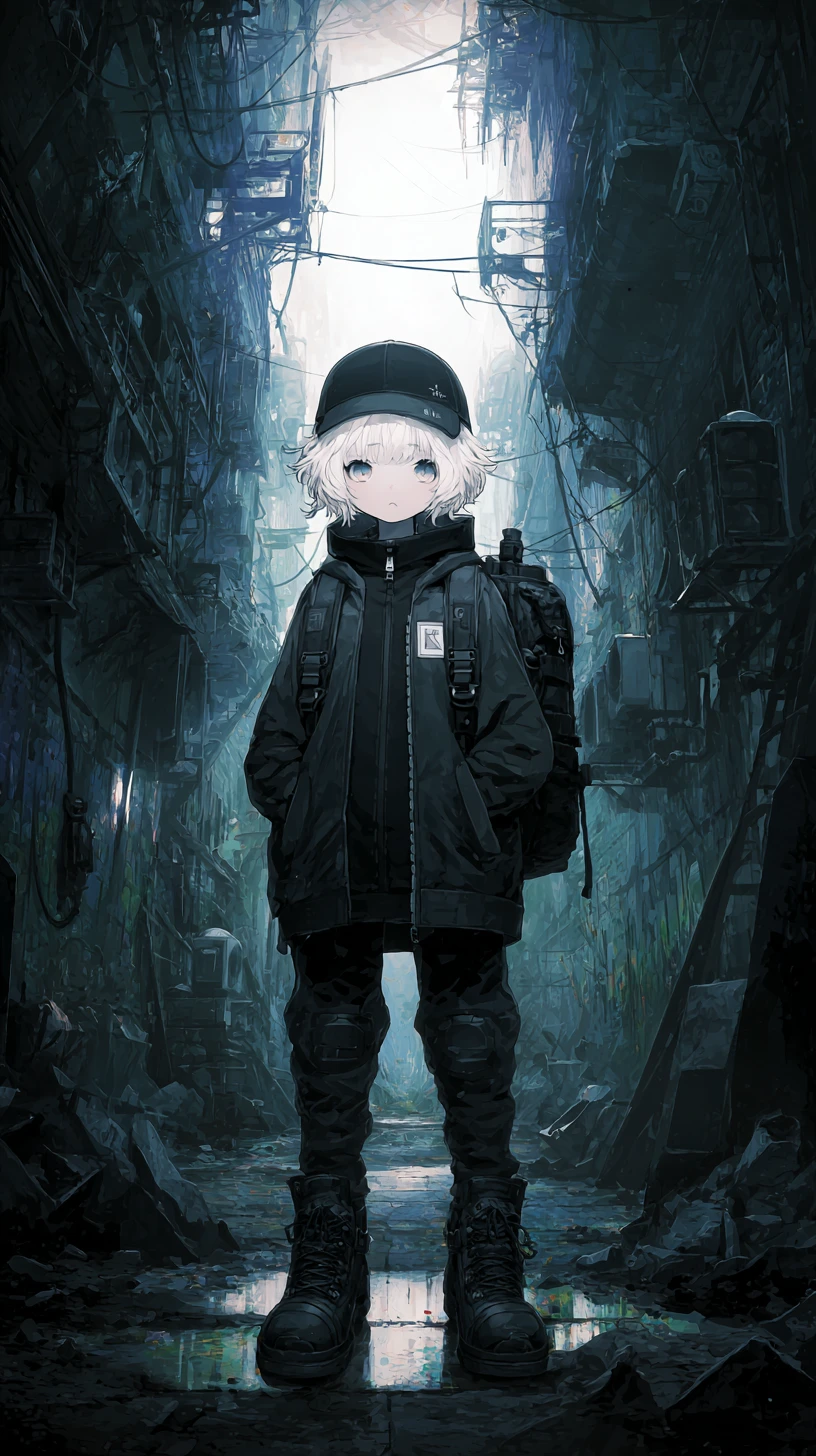 Anime boy in tactical gear walking through dark city alley