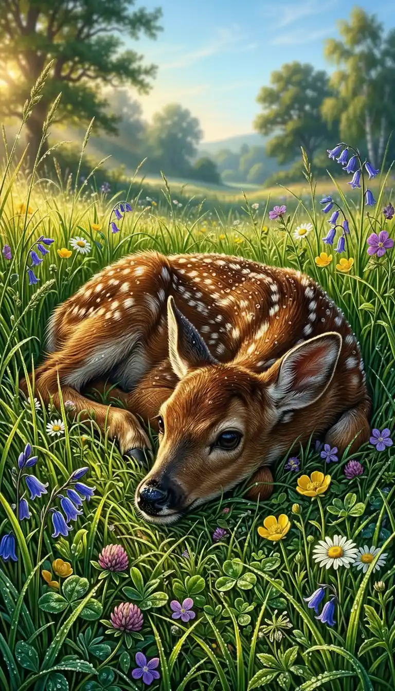 Young deer resting in sunlit meadow with wildflowers