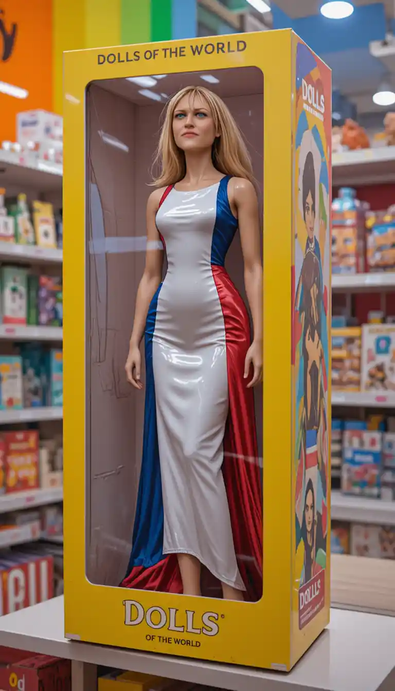 Tall blonde woman doll in French flag dress box on shelf