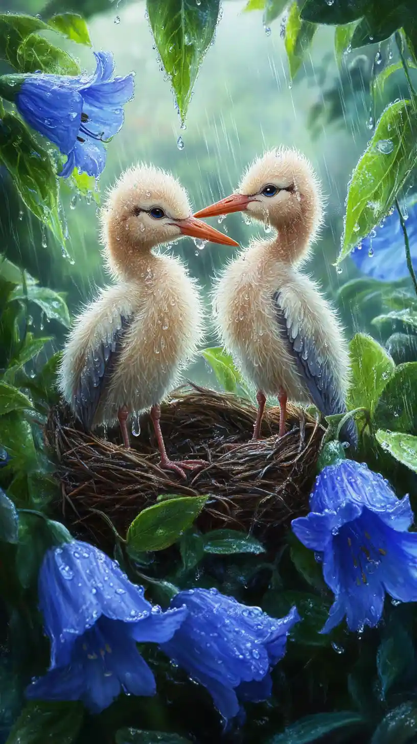Cicogne baby che riposano in un nido tra fiori di bluebell