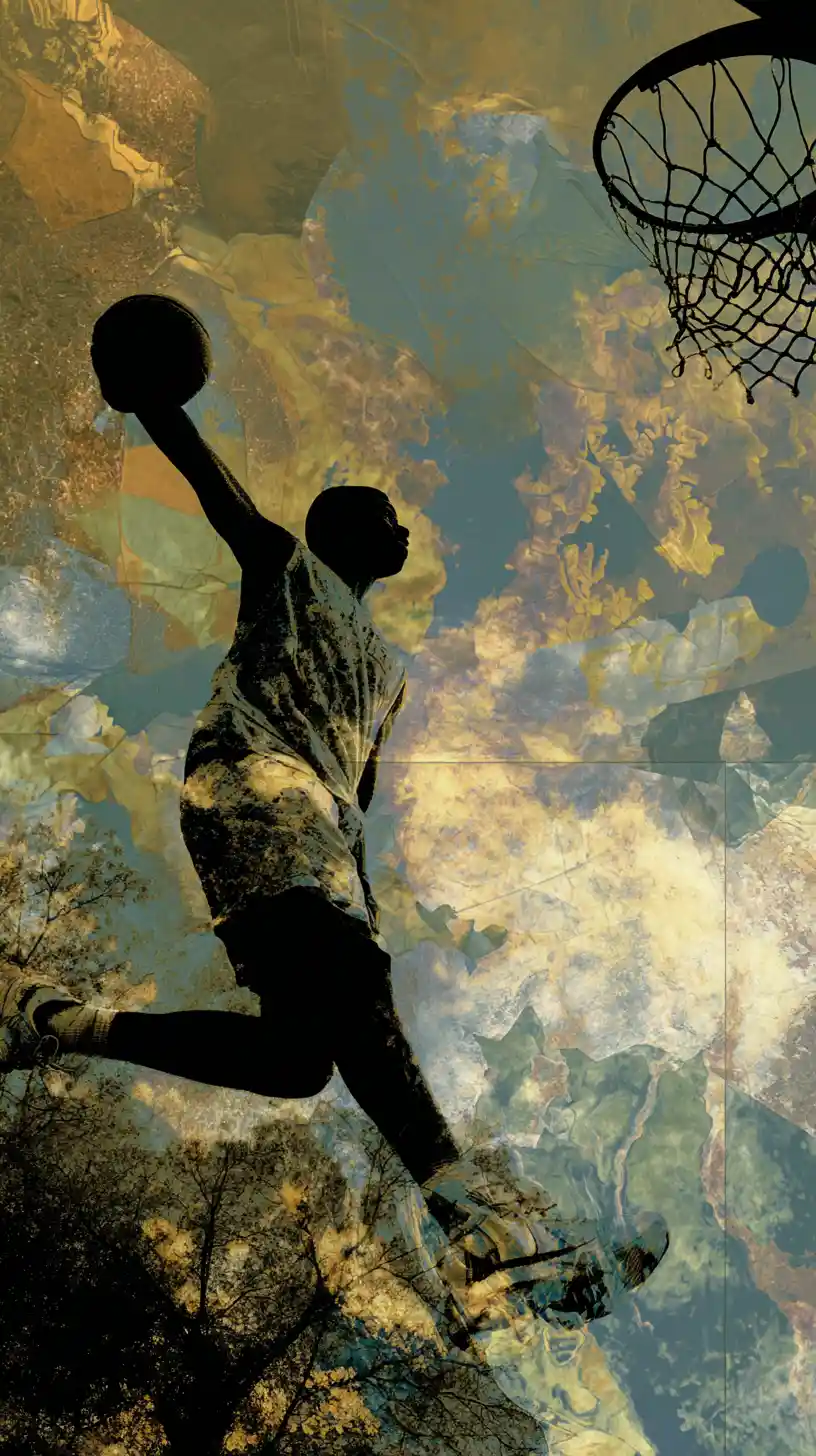 Basketball dunk under intense godlike sun in the city