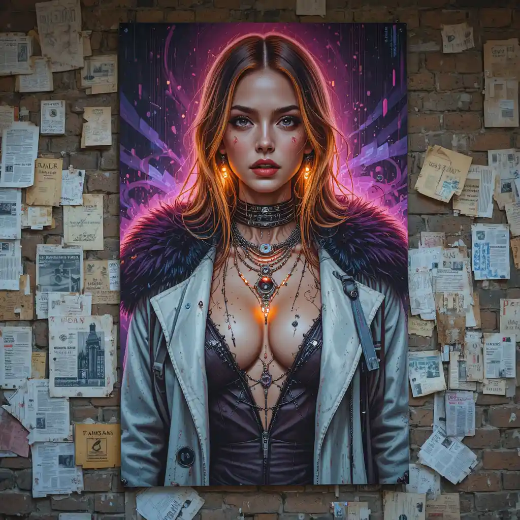 Cyberpunk woman mural in an abandoned polar laboratory