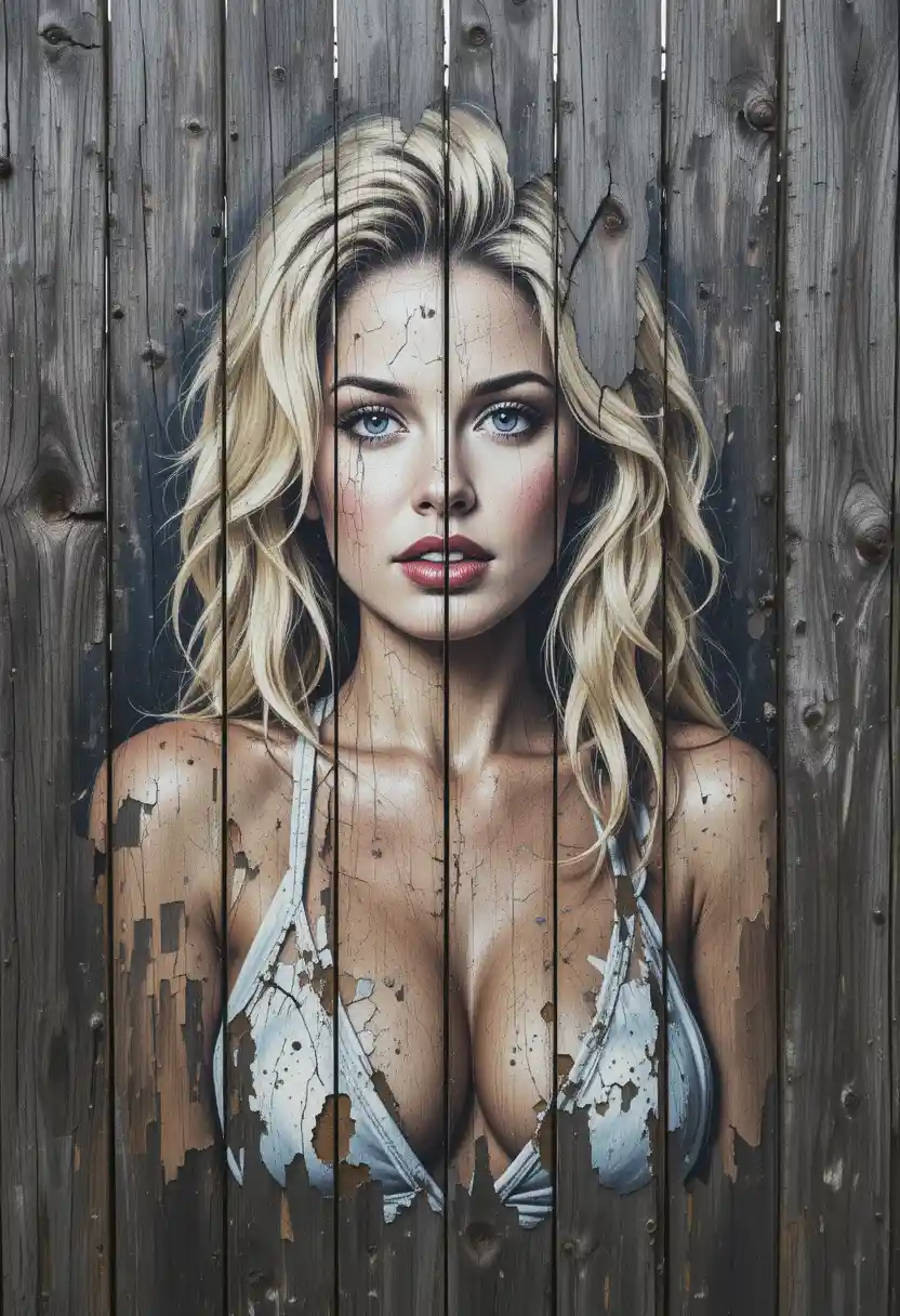 Faded portrait on a weathered wooden fence with peeling paint