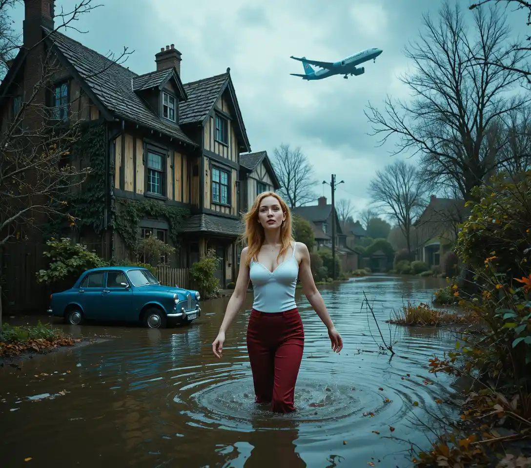 Panicked man running through flooded suburban street at dusk
