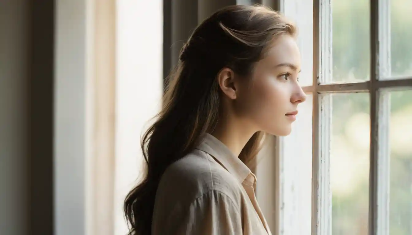 Young woman in profile leaning quietly against a window