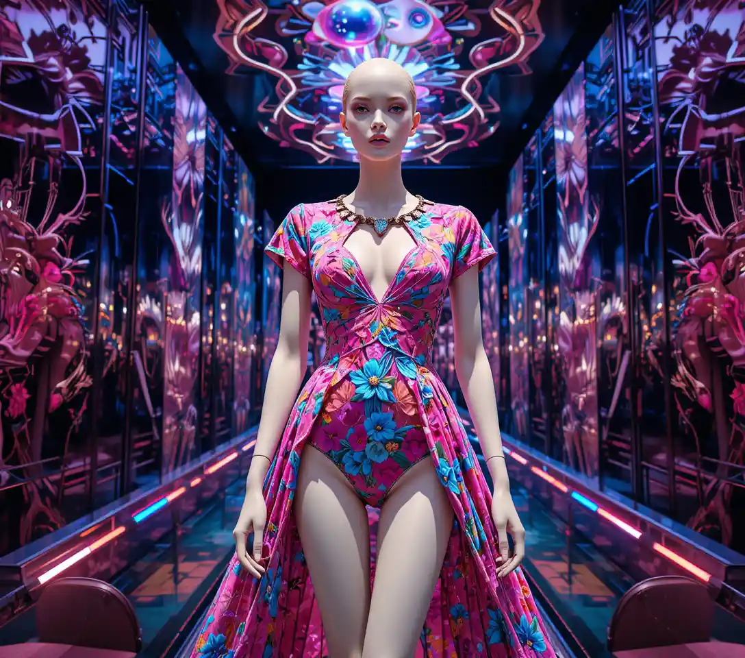 Modella bionda con abito floreale da passerella e bagliore al neon