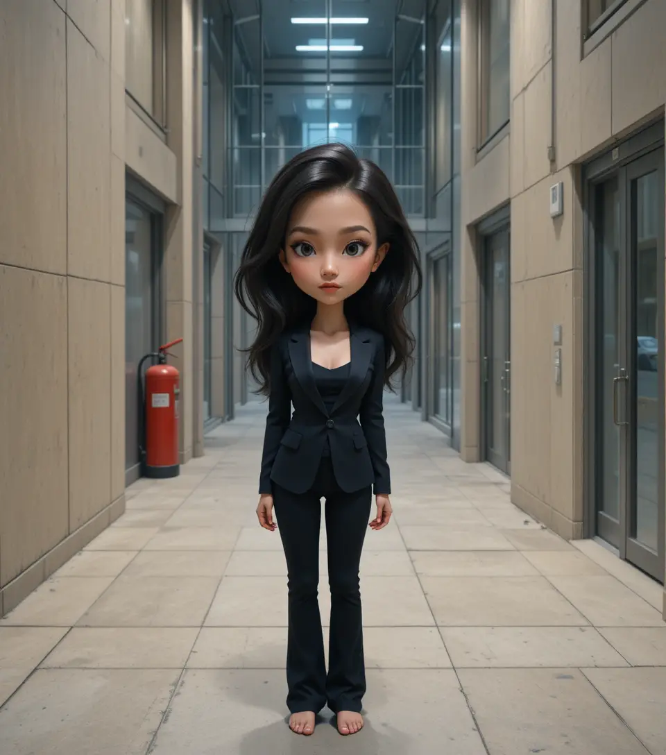 Asian woman in black blazer standing in modern hallway