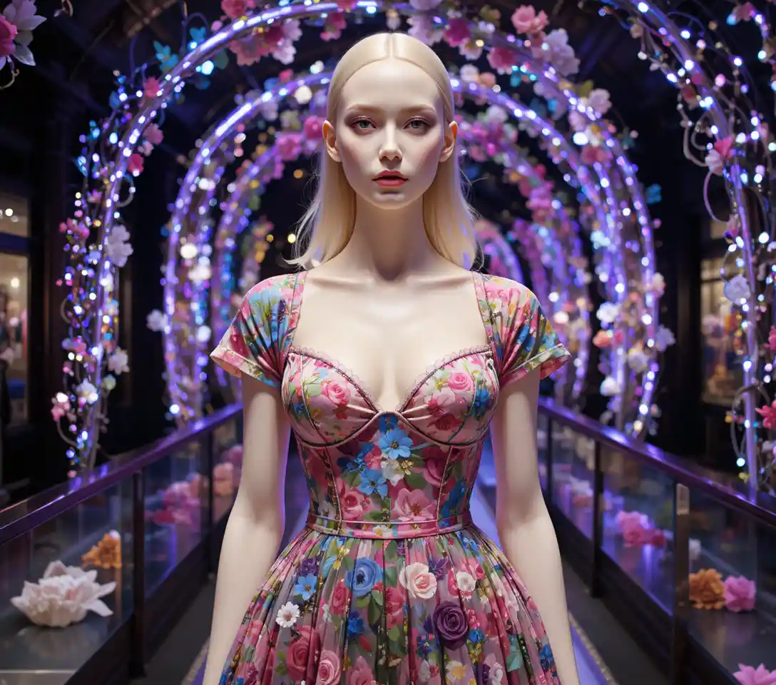 Blonde model in wild floral outfit on pink lit runway