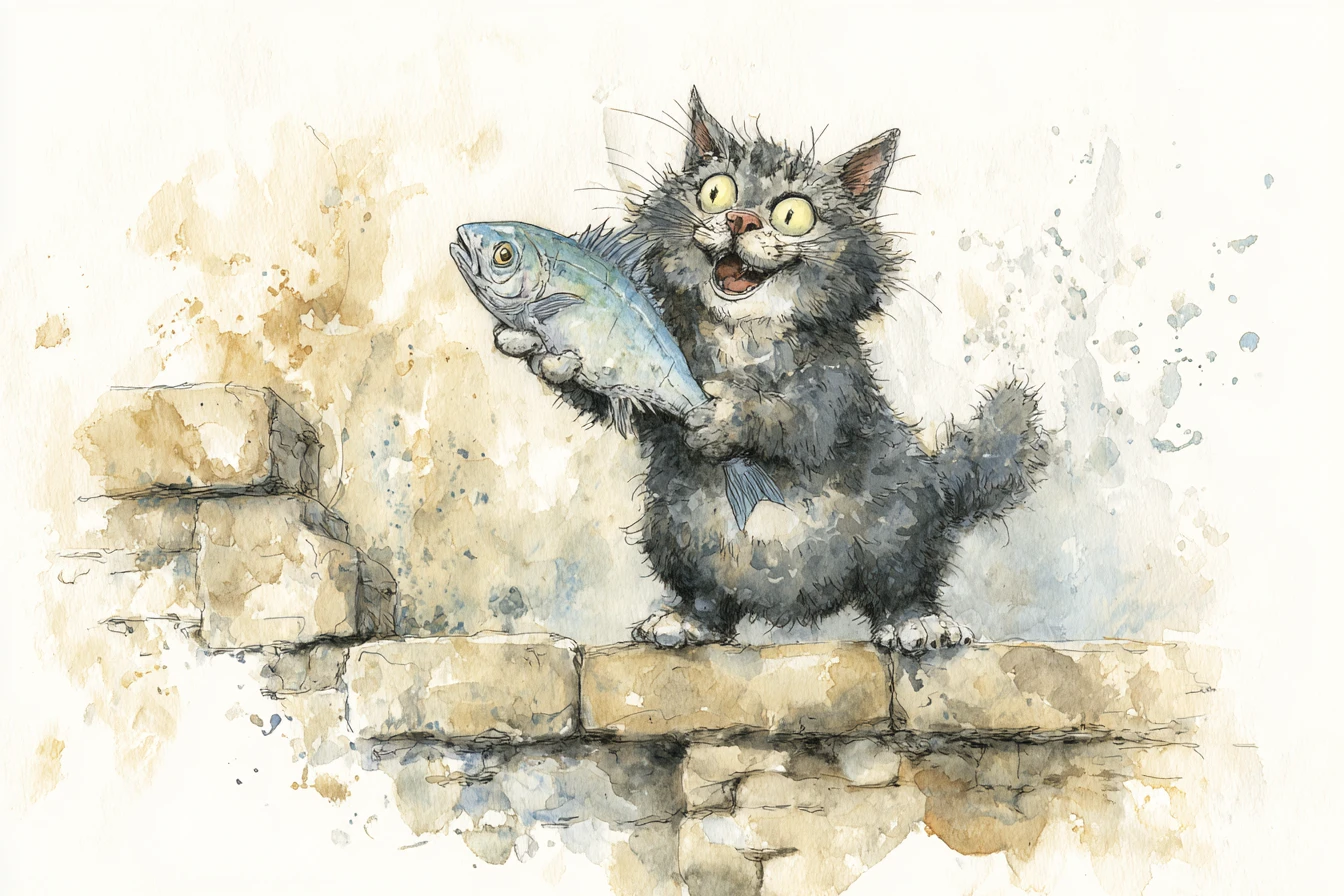 Playful grey tabby cat with fish in watercolor illustration