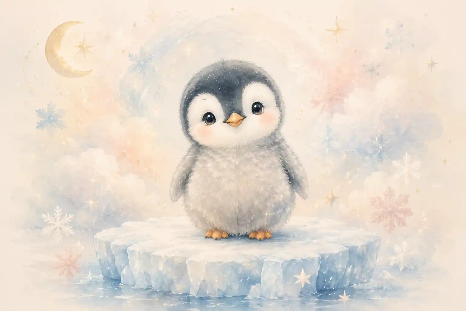 Cute Baby Penguin Nursery Illustration On Soft Ice Floe