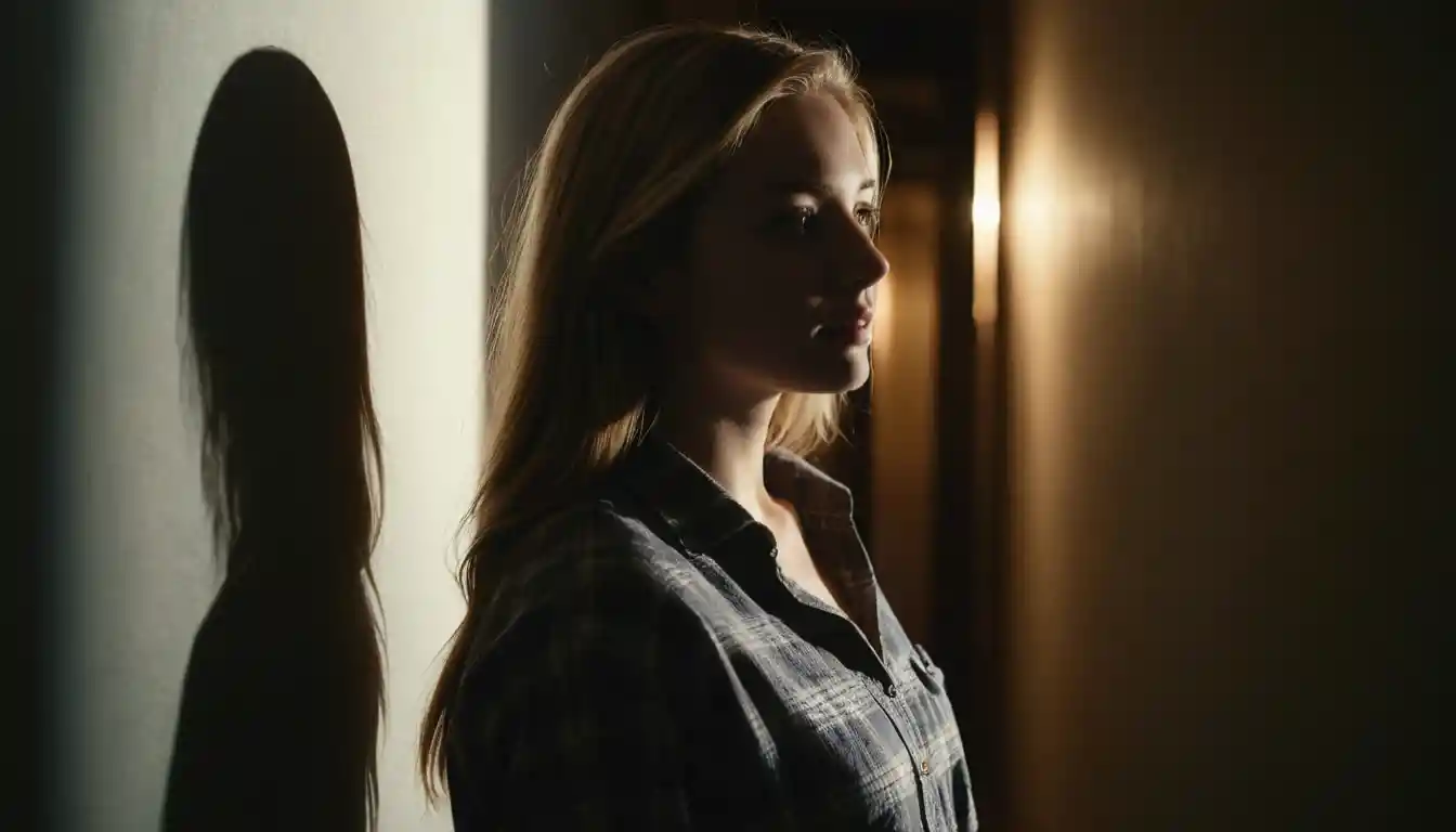 Young woman in hallway bathed in soft cinematic light
