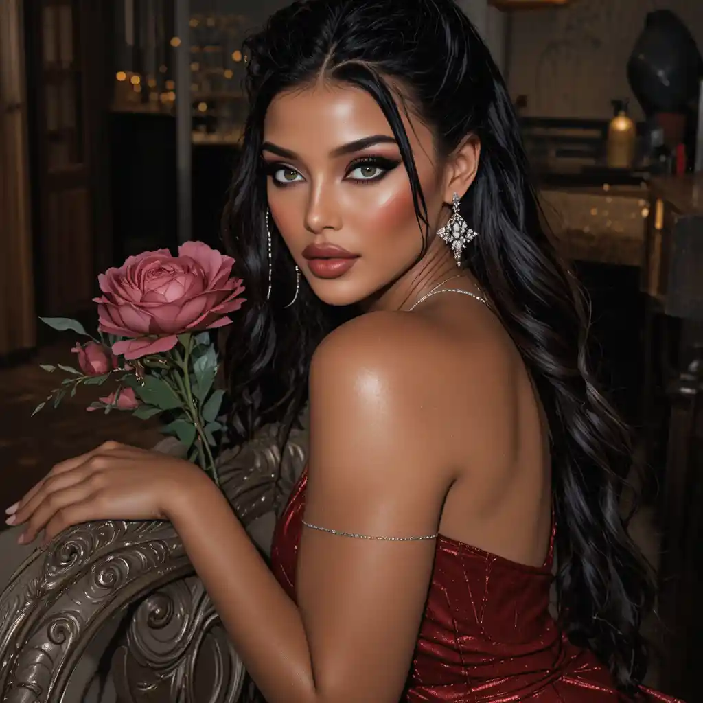 Glamorous woman in red dress holding roses on chair