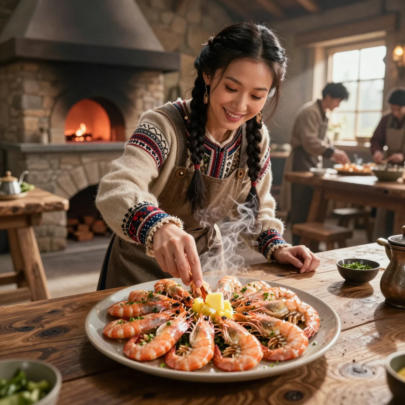 Asian cook serving steaming prawns at rustic kitchen table