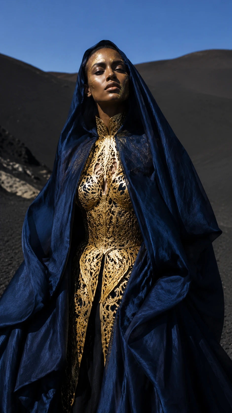 Regal fashion model on black volcanic sand dunes in sunlight