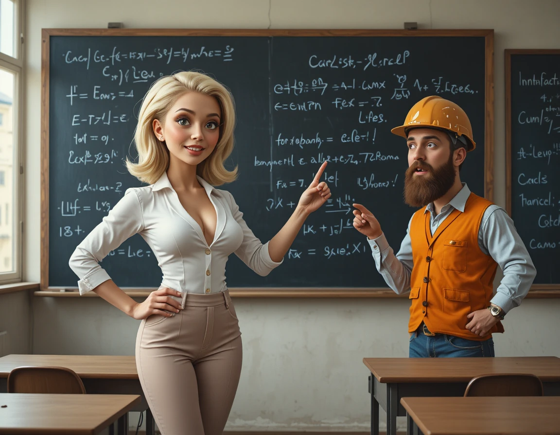 Confident blonde teacher explaining complex math at chalkboard