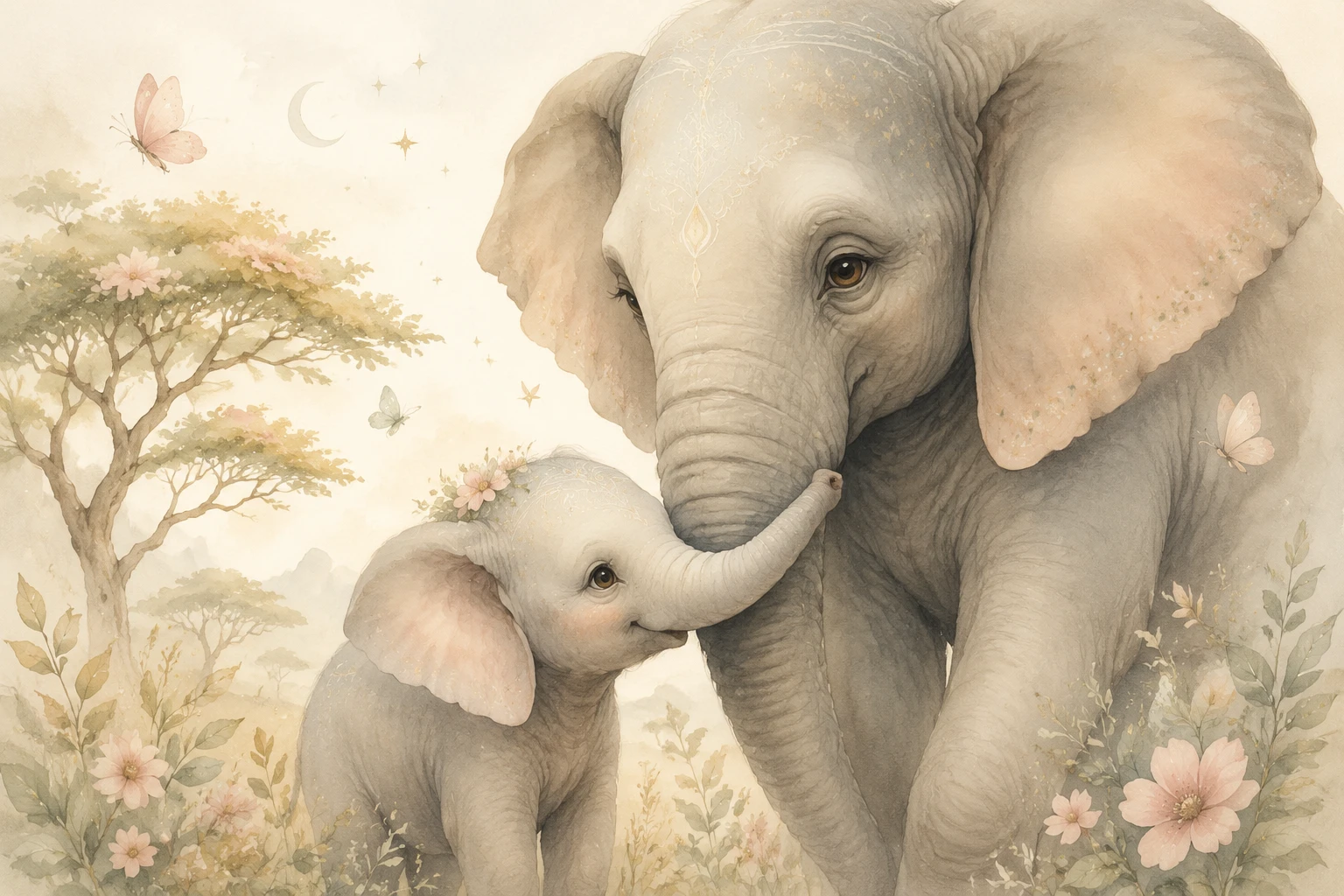 Baby Elephant Cuddling Beside Mother In Soft Nursery Art