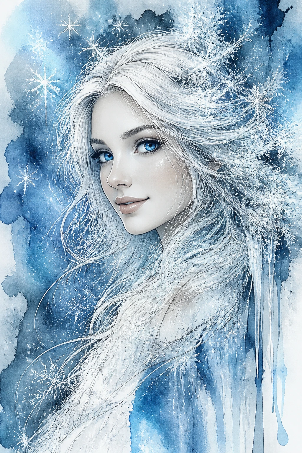 Ethereal winter woman portrait in cool watercolor and ink