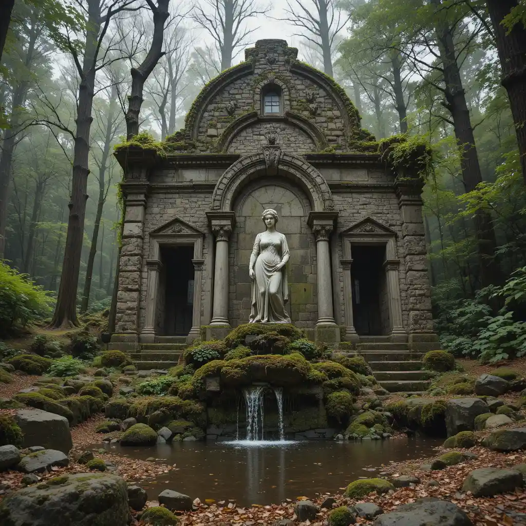 Ancient forest ruins with overgrown statue drawing water