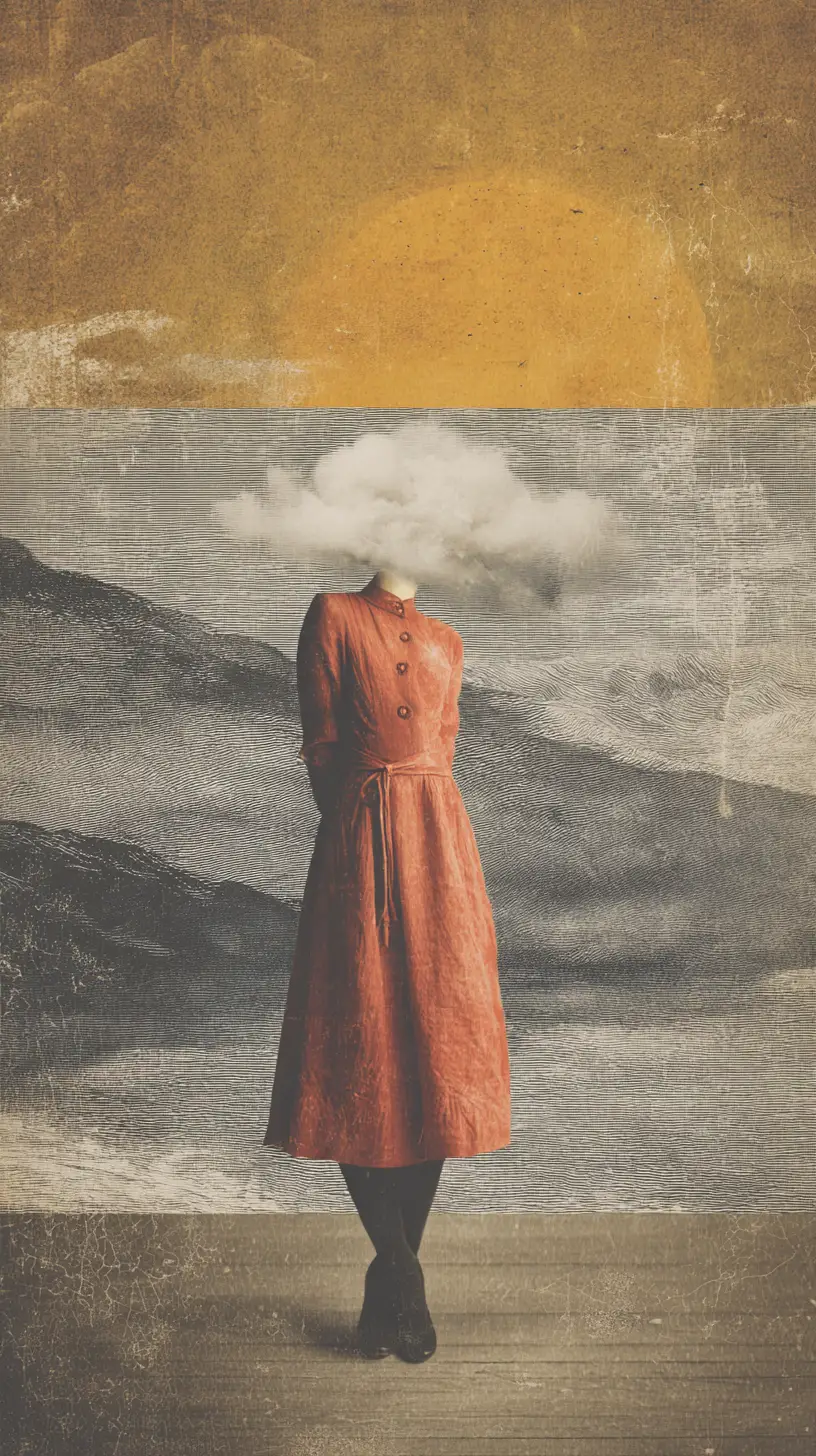 Melancholic surreal collage in soft painterly anime style