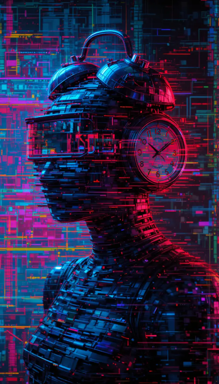 Figura de despertador em glitch com distorção digital neon