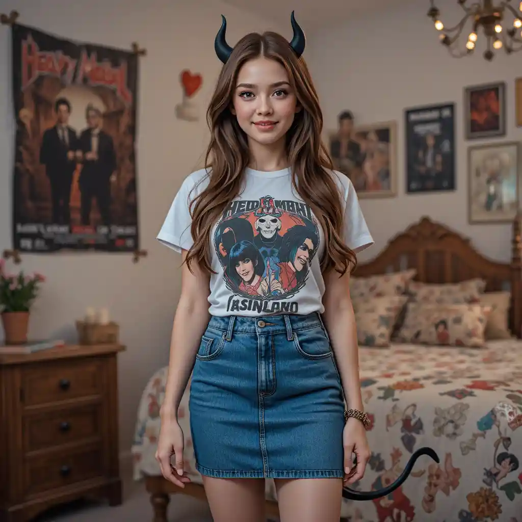Shy young girl standing in a cozy bedroom interior
