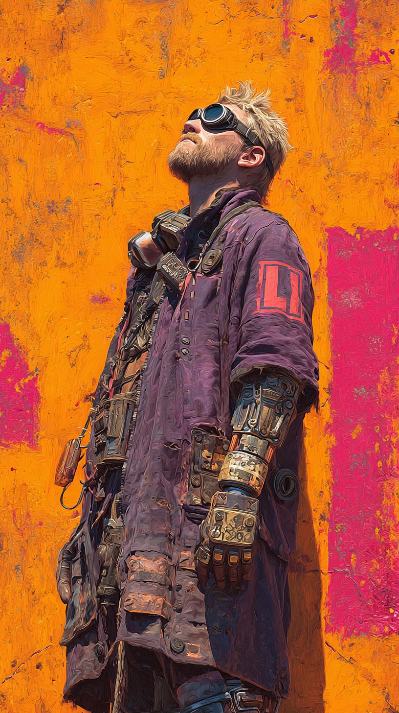 Steampunk survivor gazing upward against vivid orange wall